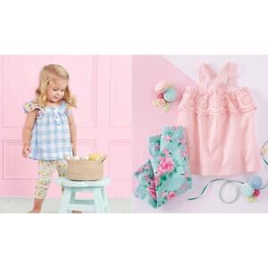 Mud Pie SET Toddler Girl TWO Outfits Pink Blue Flowers Gingham 24 Months/2T EUC